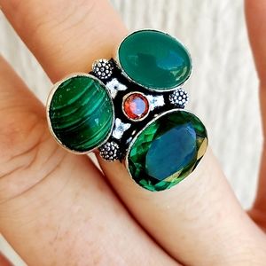 New Peridot, Rainbow Calsilica, Green Aventurine 925 Silver Ring.